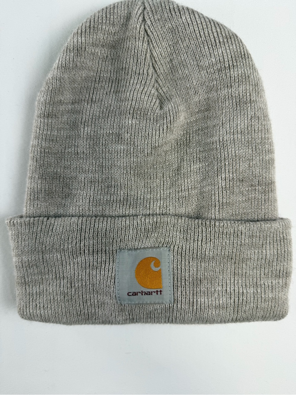 Carhartt Light Gray Knit Cuffed Beanie with Gold Logo Patch -Classic Warm Qu